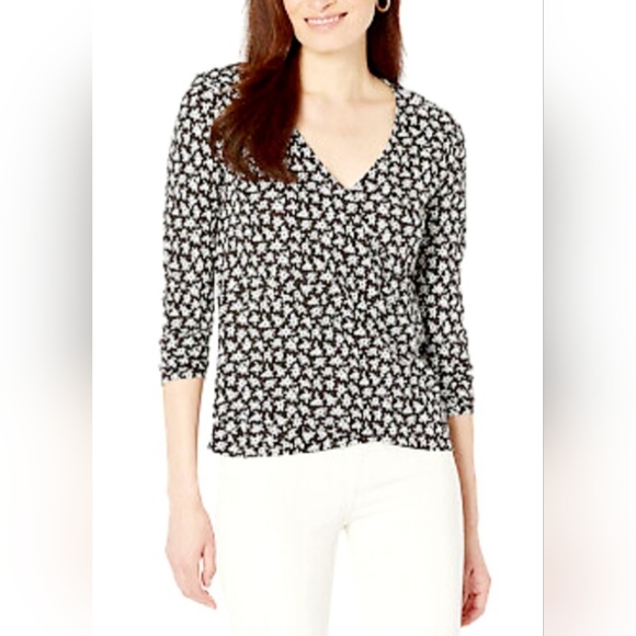 Michael Kors Women's Wrap Blouse Cotton/Modal Black/White Floral 2XL - Picture 1 of 16